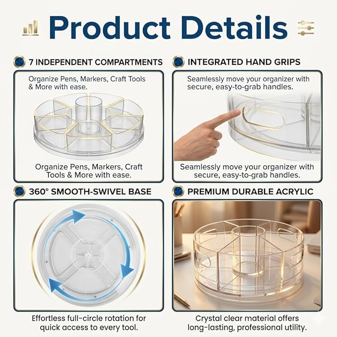 CraftGenes Rotating Desk Organizer, 360° Acrylic Pen Organizer for Desk with 7 Removable Compartments, Extra-Large Pen Holder for Office Supplies, Markers, and Art Supplies, Clear Pencil Holder