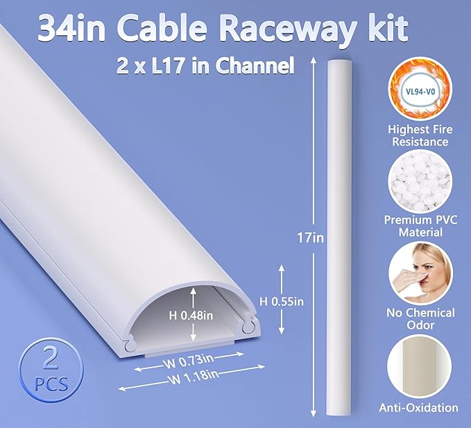 ZhiYo 34in D Cord Hider for Wall Mount TV, Self-Adhesive Cable Hider Kit, PVC Cord Covers for Wires on Wall, White Cable Raceway, Paintable Wire Hiders, 2 x 17 (L) - 1.2" (W) x 0.55" (H)