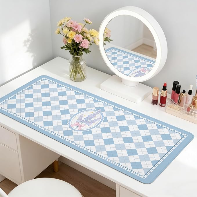 Aesthetic Floral Mouse Pad Large 35.4×15.7 Checkered Blue Desk Mat for Women, Non-Slip Water-Resistant Keyboard Pad for Home Office Gaming