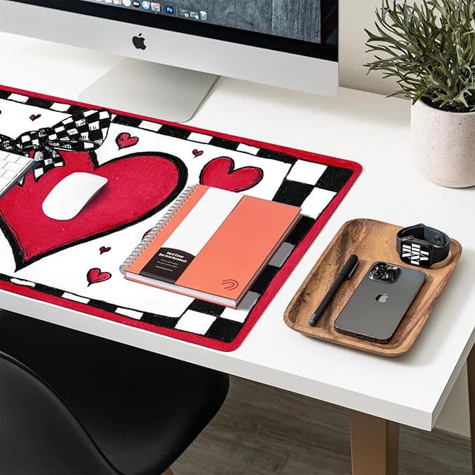 Peach Heart Mouse Pad PU Leather Bowknot Desk Mat Large Waterproof Gaming Pad Non-Slip Keyboard Mouse Pad Writing Pad for Gamer Office&Home
