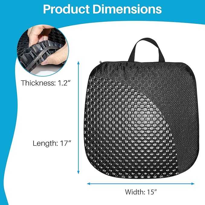 Gel Seat Cushion for Long Sitting With handle-Large & Thick & Soft & Breathable-Gel Cushion for Wheelchair, Gel Chair Cushion for Hip Pain, Gel Seat Cushion for Office Chair (Black, 17 x 15 inches)