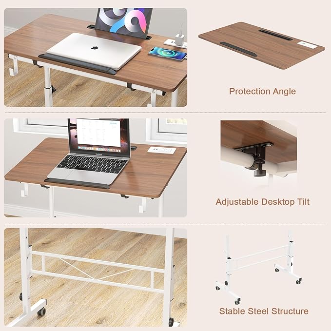 SIDUCAL Small Standing Desk with Charging Station, Portable Stand Up Desk for Walking Pad & Treadmill, Mobile Computer Workstation Adjustable Height, Tilted Desktop, 31.5” Vintage Oak