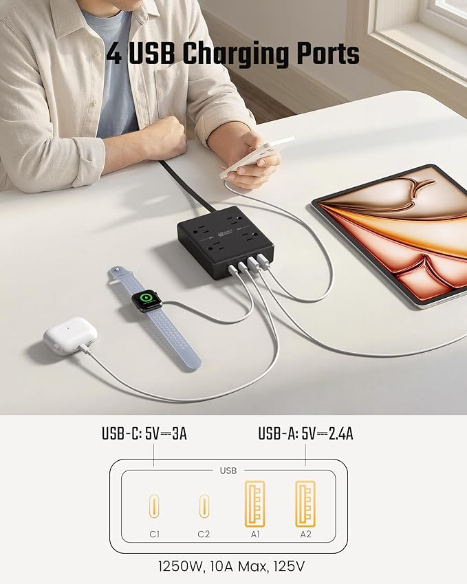 SUPERDANNY Flat Plug Power Strip Surge Protector 10 Ft Long Flat Extension Cord with 4 Outlets & 4 USB (2 USB-C) Charging Station for Home Office, College Dorm Room Essentials, Travel, Black