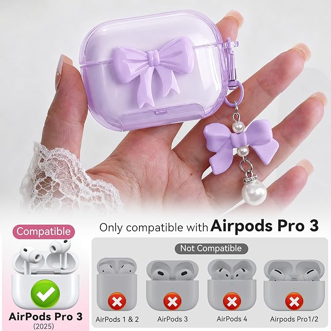 for Airpods Pro 3 Case Pink 2025 with Safety Lock & Phone Stand, Bow Clear iPod Pro 3 Cases with Cute Keychain & Cleaning Kit, Soft TPU Cover for AirPods Pro 3rd Generation Case Girls Women (Purple)