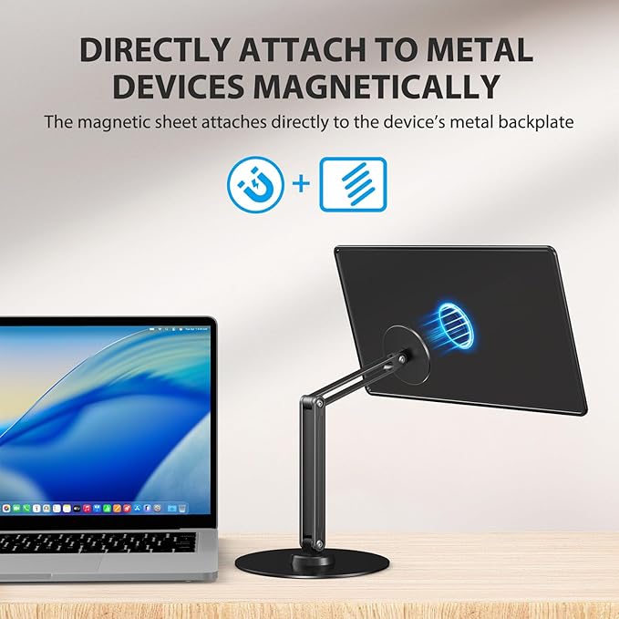 UPERFECT Portable Magnetic VESA Stand, All-Aluminum Adjustable Arm for 10–18.5″ Devices, 75×75mm VESA, Adhesive Metal Plates, 360° Swivel Base, Supports up to 4.4 lbs, Travel Desk Stand