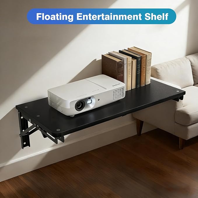Folding Shelf Wall Mounted for Small Space, Wooden Wall Table for Living Room Bedroom Decor, Office Floating Fold Down Desk, Media Shelves with Heavy-Duty Brackets, 21.7Inches Black