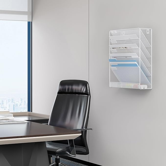 EasyPAG 5 Tier Wall File Holder, Mesh Hanging Folder Organizer with Classify Label, Versatile Desk File Holder, Vertical Wall Mounted Mail Organizer for Office Home Cubicle, White