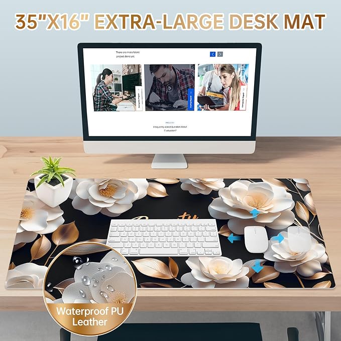 Dual-Sided PU Leather Desk Mat Blotter for Office, Home, Computer, Keyboard, Mouse, 15.7"x31.5" Large Non-Slip Writing Mat with Travel Storage Strap, Waterproof Easy to Clean (White Camellia)