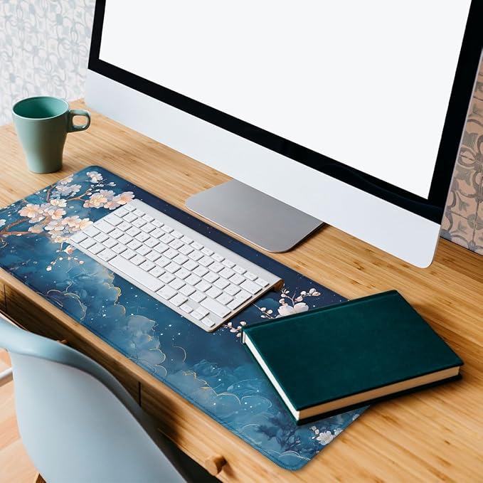 Cherry Blossoms Mouse Pad Japan Watercolor Sky Butterflies Extended Mousepad Waterproof Stitched Edges Rubber Base Non-Slip Deskpad Computer Keyboard Mat 31.5x11.8 in
