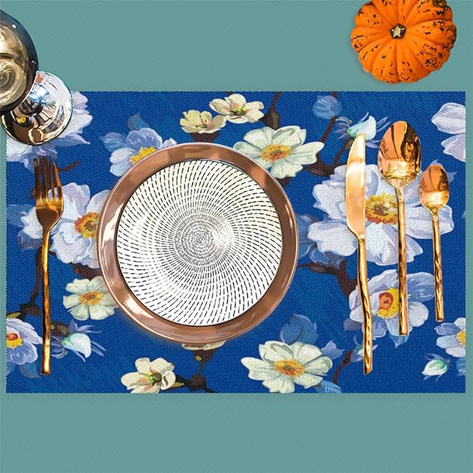 Placemats Set of 4 Heat-Resistant Rectangle Place Mats Painting Blue Flower Washable Plastic PVC Dining Table Mat Non-Slip Wipeable Woven Vinyl Placemat for Kitchen Patio Table Decor