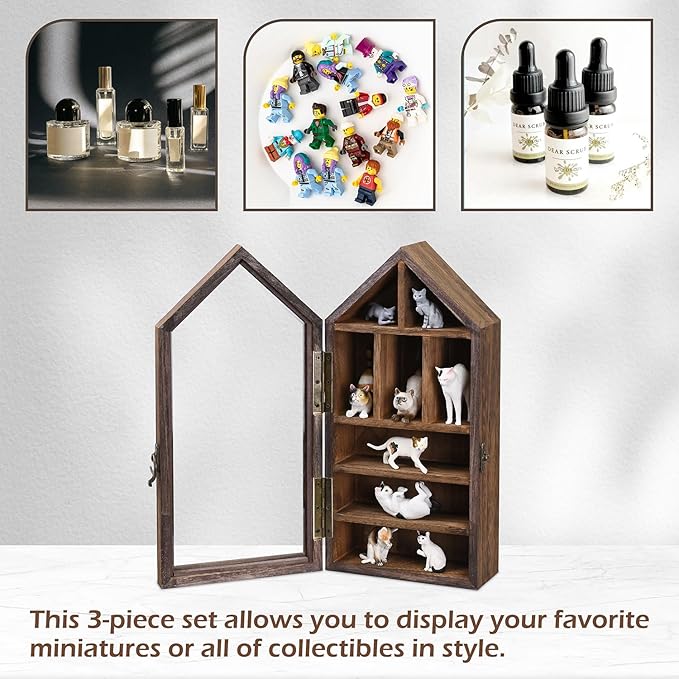 Ikee Design 3 Pcs Set Wall-Mounted House-Shaped Wooden Shadow Cubby Box Display Shelf with Door Storage Display Case for Collectibles, Trinkets, Mini Figures, Brown Color, 21.1W x 3.1D x 14.8H in