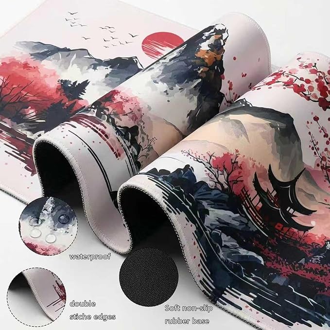 Japanese Cherry Blossom Gaming Mouse Pad 31.5x15.7in Full Desk Japanese Sakura Super Thick Mousepad Non-Slip Rubber Base Waterproof Keyboard Mat with Stitched Edges for Office 800X400X4mm