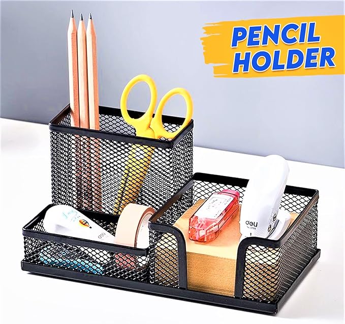 2 Pack 3 in 1 Mesh Pen Holder for Desk, 3 Compartments Pencil Holder Desk Organizer Caddy with Sticky Notes Holder Easy Storage Suitable for Home, Office and School