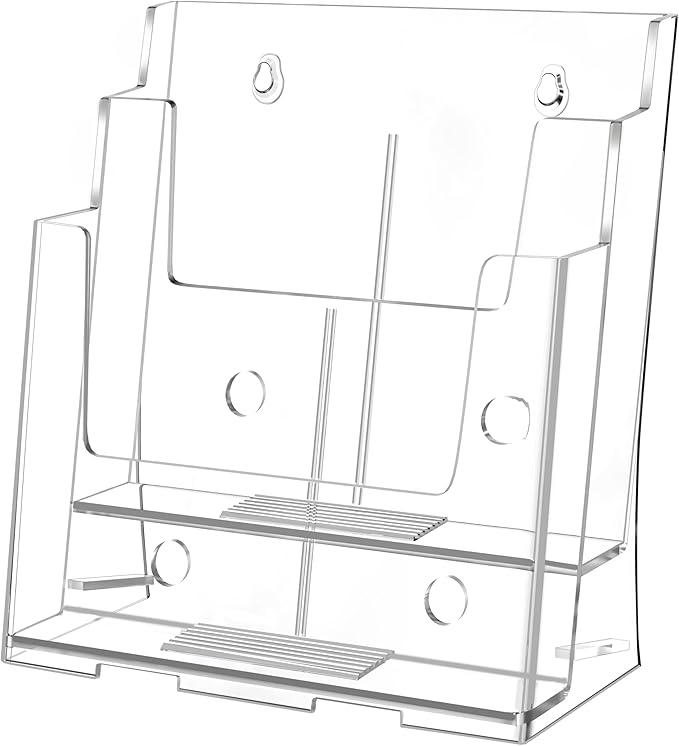 FUCDTEFC Acrylic Brochure Holder 8.5x11 & 4 x9 Inches, Clear 2 Tier Literature Magazine Stand Brochure Display Stand w Removable Divider Universal, Pamphlet Flyer Holder for Wall Mount or Countertop