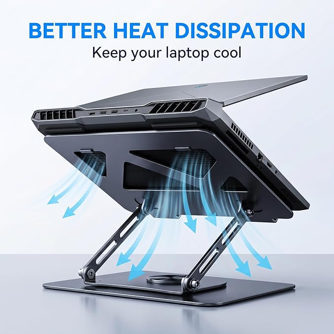 Leeboom Adjustable Laptop Stand for Desk, Ergonomic Height Adjustable Riser, Lecterns & Podiums, 360 Rotating & Foldable, Ventilated Cooling, Fits up to 17.3" Laptops (Gaming Laptops), Dark Silver