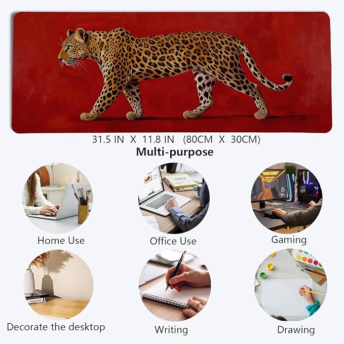 Vintage Red Leopard Large Mouse Pad,Bold Wild Animal Cheetah Desk Mat,Maximalist Luxury Aesthetic Wildlife Cat Mousepad for Home Office Dorm Decor,31.5x11.8 Inch