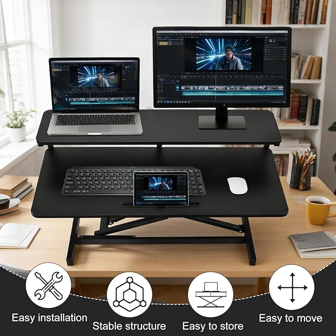 Ergonomic Desk Riser for Standing Height Adjustable Standing Desk Converter 10.2-24.8" 33 Lbs Capacity U-Shapeds Top & Keyboard Tray for Home Office Black
