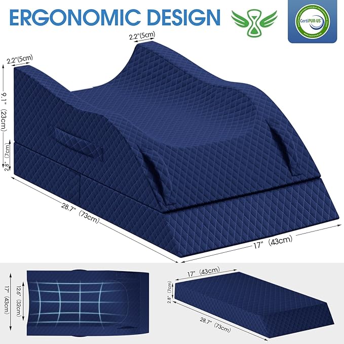 TranquilRelax Elevation Pillows for Leg After Surgery, Memory Foam Adjustable Wedge Pillow for Injury or Rest, Ankle Pillow for Sleeping Blood Circulation, Full Blue/Double Leg