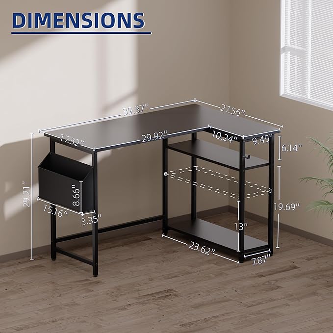 Pamray 40 Inch L Shaped Computer Desk with Reversible Side Storage Shelves, Small Corner Desk for Small Space Home Office, Writing Study Table PC Desk for Bedroom, Grey