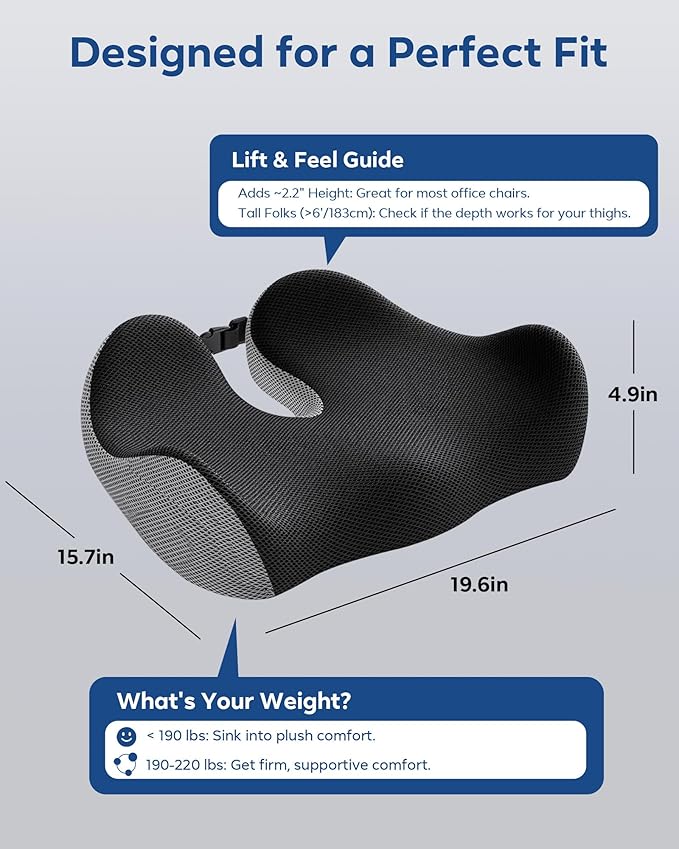 Feagar Seat Cushion for Office Chair - Memory Foam Tailbone Cushion for Desk Chair, Car Seat and Wheelchair - Ergonomic Chair Pad for Hip and Lower Back Comfort Gray