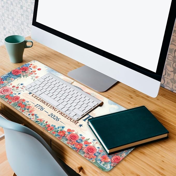 America 250 Gaming Mouse Pad Flowers Floral America Flag Large Gaming Mouse Mat with Stitched Edges,Non-Slip Waterproof Rubber Base Mous Mat 31.5x11.8 Inch