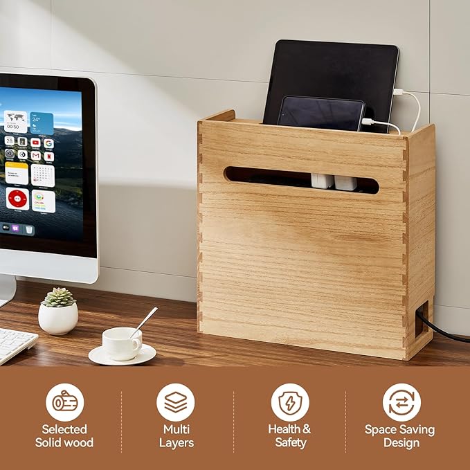KIRIGEN WiFi Router Storage Box, Wooden Cable Management Box with 3-Tier Shelf, Modem and Power Strip Organizer for Desk, TV Stand, Home Office, Living Room, Natural LYQ-NA