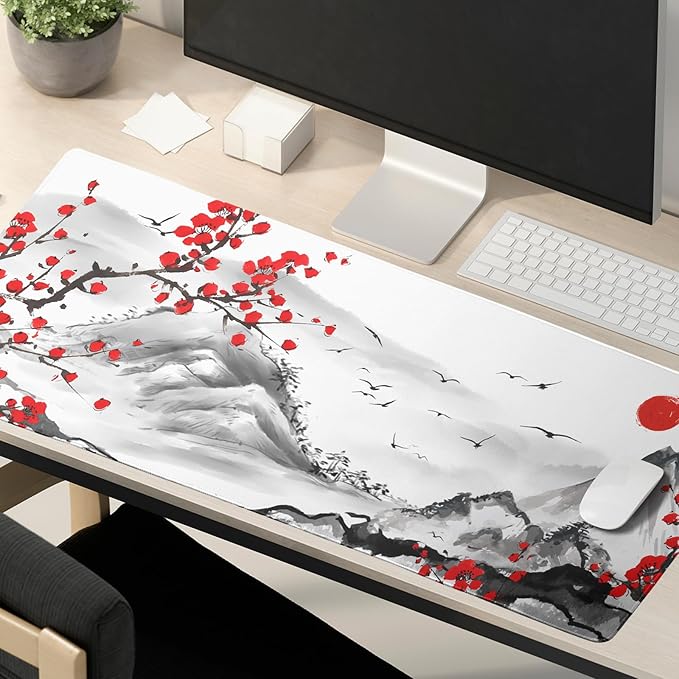 Watercolor Cherry Blossom Mouse Pad 35.4x15.7in Extended Large Japanese Sakura Full Desk Pad Non-Slip Rubber Base With Stitched Edges for Home Work Laptop Desktop