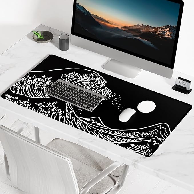 BOSOBO Large Mouse Pad, XXL XL Extended Gaming Desk Mat for Office & Home, Long Keyboard Mat, Desktop Full Cover 35.5 x 15.7 Inches, Art Japan Kanagawa Wave Black
