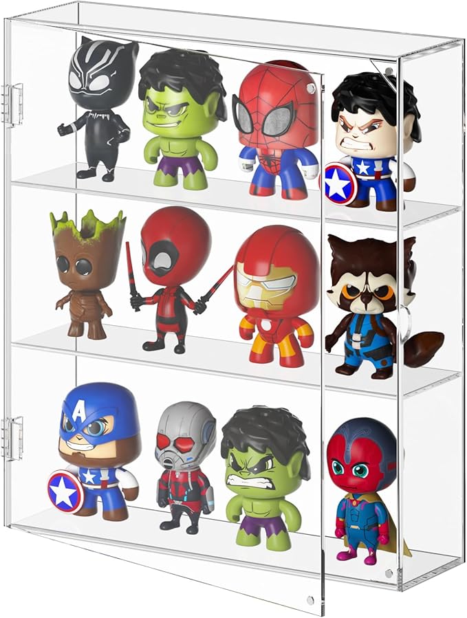 AITEE Acrylic Display Case for Mini Funko Pop Figures, Clear Wall Mounted or Desktop 3 Layer Storage Cabinet Organizer for Mini Figures,Collections,Dustproof Display Case for Toys Rock Stone