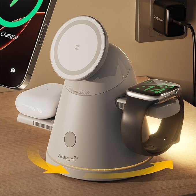 3 in 1 Charging Station for Apple, Qi2 Mag-Safe Charger Stand with Adjustable Night Light, Fast Wireless Charging Station Compatible with iPhone 17/16/15/14/13/12, AirPods and Apple Watch(30W Adapter)