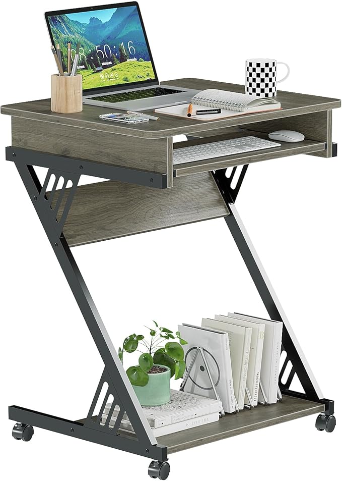 ALISENED 23.6" Z-Shaped Computer Desk for Small Spaces with Keyboard Tray, Wheels and Bottom Shelves, Compact Space-Saving Home Office Workstation, Grey