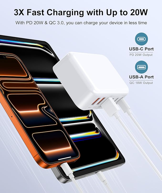 Fast Charger Block, GaN 6 Port USB C Charging Station Hub Cube, 100W Multiport Type C Wall Charger Power Strip Plug with PD 3.0+QC for iPhone13 14 15 16 17 Pro Max XR XS 8 7, Samsung, iPad, Table
