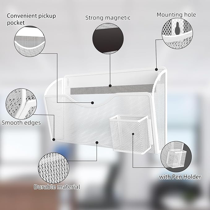 Magnetic File Holder 1 Pockets File Folder Organizer with Pen Holder, Office Hanging Magazine Rack for File Cabinets, Magnetic Paper Holder, No Drilling Mail Organizer for Refrigerator, Office (White)