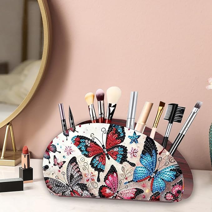 POETRYDRAW DIY Burtterfly Diamond Art Painting Wooden Storage Box – Multi-Grid Moon Fan Makeup Brush Organizer, Double-Sided Drill Tabletop Holder for Women, Office & Home Decoration