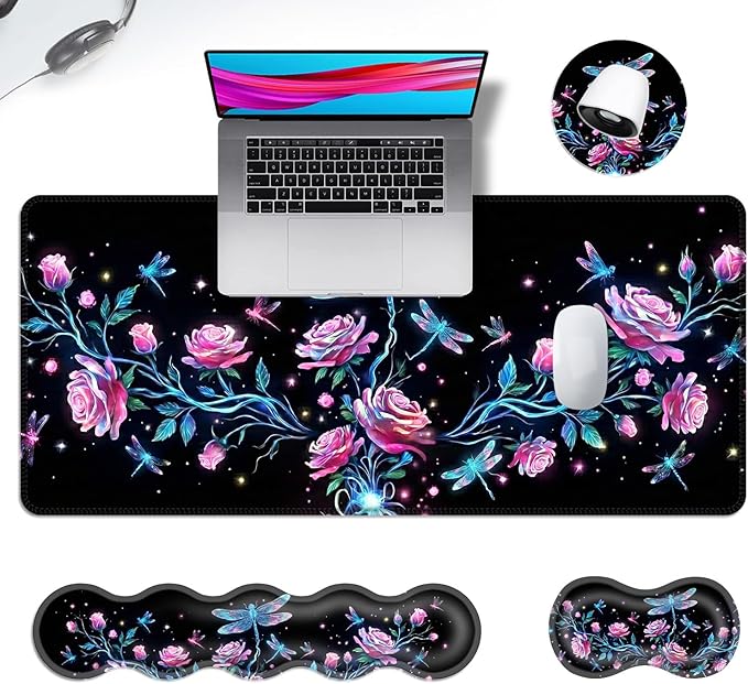 Ergonomic Mouse Pad Set with Wrist Support for Keyboard and Wrist Rest for Mouse, Memory Foam Comfort, Non-Slip Large Desk Mat for Home Office Pain Relief,Rose Dragonfly