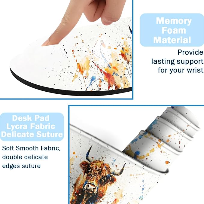 Ergonomic Mouse Pad Set with Wrist Support for Keyboard and Wrist Rest for Mouse, Memory Foam Comfort, Non-Slip Large Desk Mat for Home Office Pain Relief,Watercolor Highland Cow