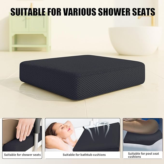 Shower Bench Cushion, Soft Chair Pad for Elderly Bathing, Easy to Clean & Quick Dry，Using 4D air Fiber Material, Suitable for Shower Cushion, Bathtub Baths, Poolside Rest，Black
