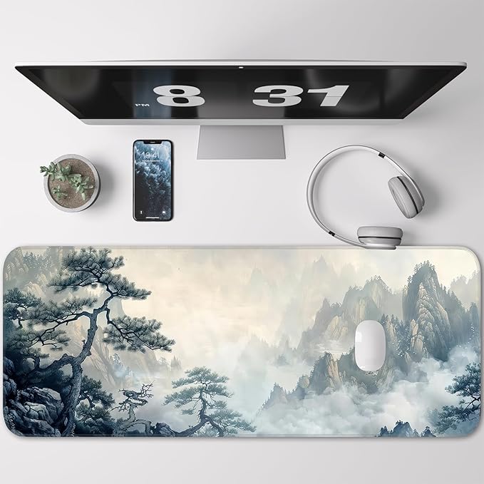 Gaming Mouse Pad, Non-Slip Rubber Base, Enlarged Mouse Pad with Stitching for Gaming, Office and Home, 31.5x11.8 Inch, Mountain Ink Painting