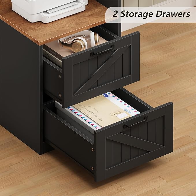 YOMILUVE 63" Farmhouse L Shaped Executive Desk with Drawers & Storage Shelf, Corner Computer Desk with Power Outlets, L Shaped Office Desk with Monitor Stand, Printer Shelf, Brown and Black