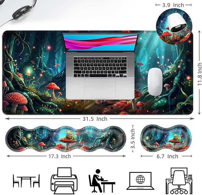 Ergonomic Mouse Pad Set with Wrist Support for Keyboard and Wrist Rest for Mouse, Memory Foam Comfort, Non-Slip Large Desk Mat for Home Office Pain Relief,Aesthetic Mushroom and Frog