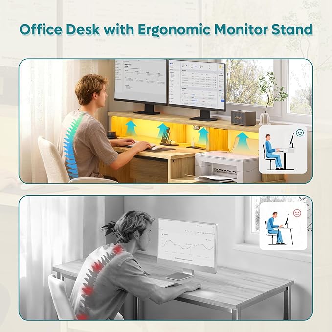 Bestier 55" Computer Desk with Power Outlets & LED Lights, Home Office Desk with Lockable File Drawer & Printer Shelf, Monitor Stand, Modern Gaming Desk & Study Workstation, Natural Oak