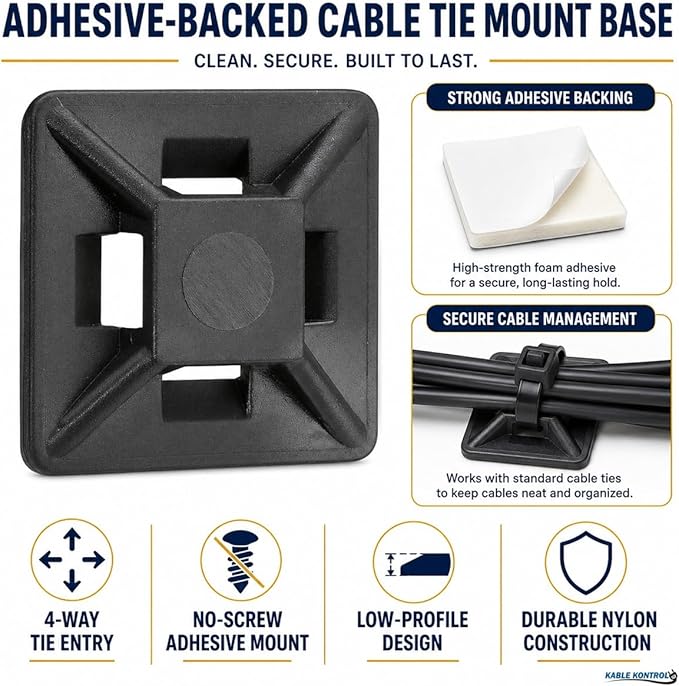 Kable Kontrol Zip Tie Mounts, 1/2” Sq, Black, 100 Pcs, Adhesive Backed Multi-Purpose UV-Resistant Mounting Squares Nylon Cable Tie Wrap Anchor Pads for Cable Management