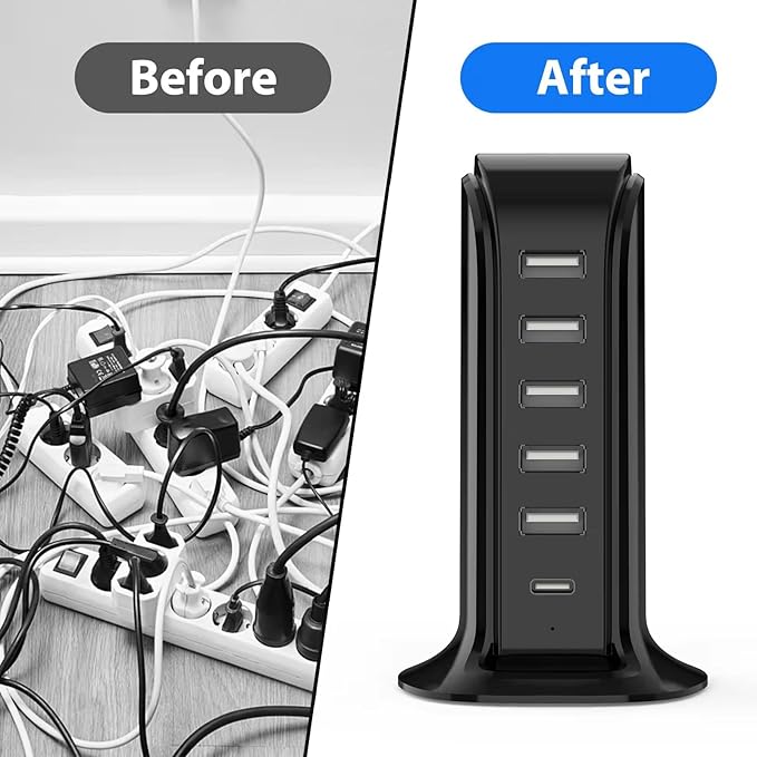 USB Charging Station for Multiple Devices, 5 USB Ports + 1 Type C Multiport Charger Tower, Compatible with Smartphones, Tablets and Other Devices (Black)