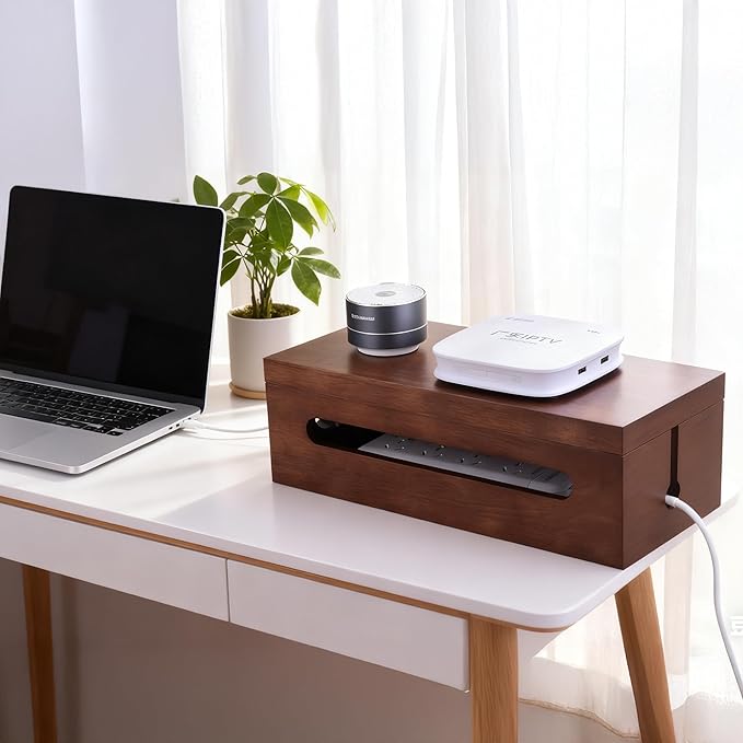 Solid Wood Cable Management Box, Cord Organizer & Power Strip Hider, Decorative Wire Storage Box for Home Office, TV, Desk, Router – Handcrafted Cord Concealer for Tidy Space