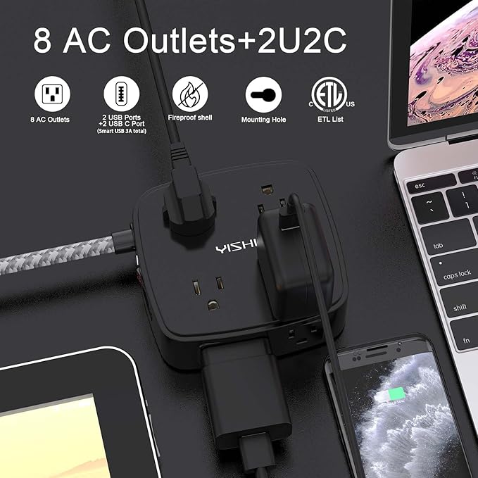 Surge Protector Power Strip - YISHU 8 Outlets with 4 USB (2 USB C) Charging Ports, 10Ft Braided Extension Cord, Flat Plug Multi Plug Outlet Extender Charging Station for Home Office, ETL, Black