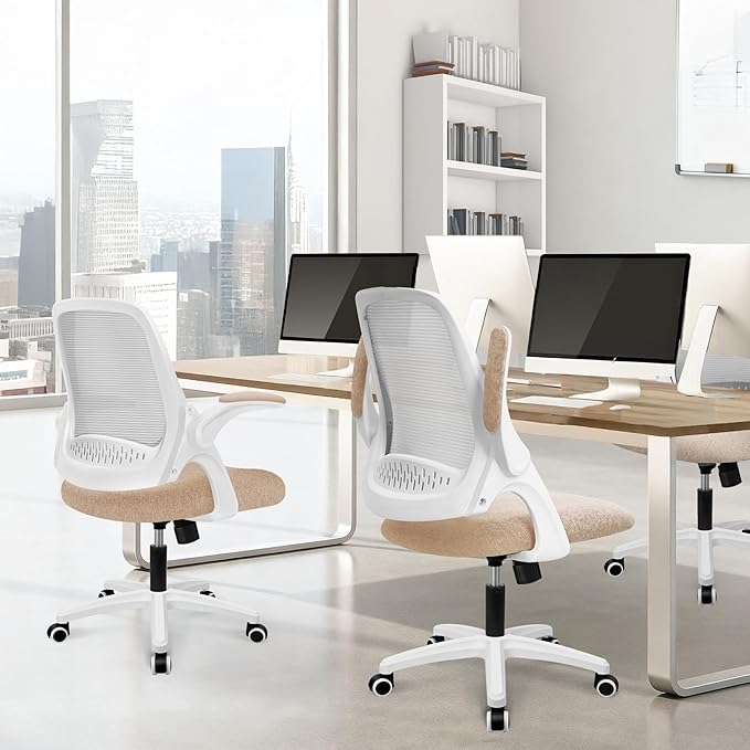 NEO CHAIR Office Desk Gaming Ergonomic Computer Chair with Lumbar Back Support Adjustable Height Swivel Rolling Wheels Flip-up Arms Mesh Chair for Home Vanity (Beige)
