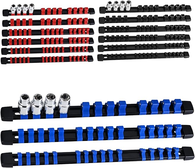 Socket Organizer Set 15PCS ABS Socket Holder Kit, 1/4-Inch x 80 Clips, 3/8-Inch x 75 Clips, 1/2-Inch x 60 Clips Socket Set Organizer, Drive Socket Tray, Socket Holders Clip Socket Rail