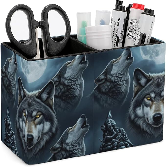 Rectangle Pen Holder Desk Organizer Full Moon Wolf, Efficient Stationery Storage Solution