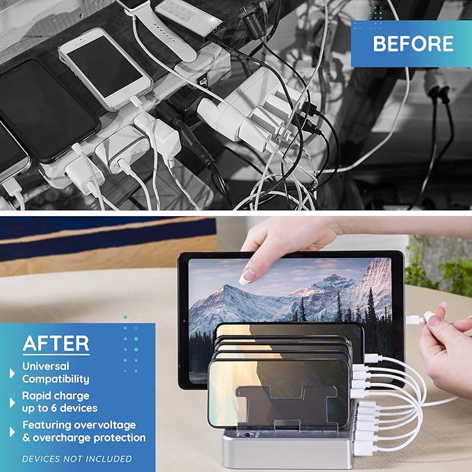 Charging Station for Multiple Devices – 6-Port USB Charging Dock for Apple & Android – Fast Multi-Charger Organizer for Phones, Tablets & More (Silver)
