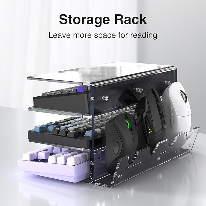 Keyboard Stand for Desktop 3 Layer Acrylic Stand Gaming Keyboard and Mouse Storage Thicken Dustproof Storage Holder Holds up 4 Keyboards,3 Mice,folder etc for Office,Home,School,Kitchen(Transparent)